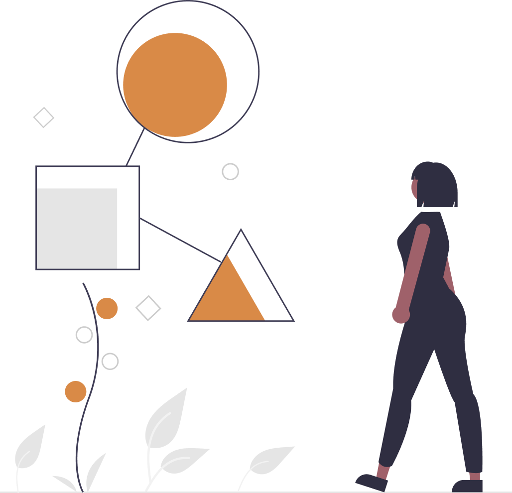 Cartoon woman in a dark blue jump suit looking at three shapes in orange